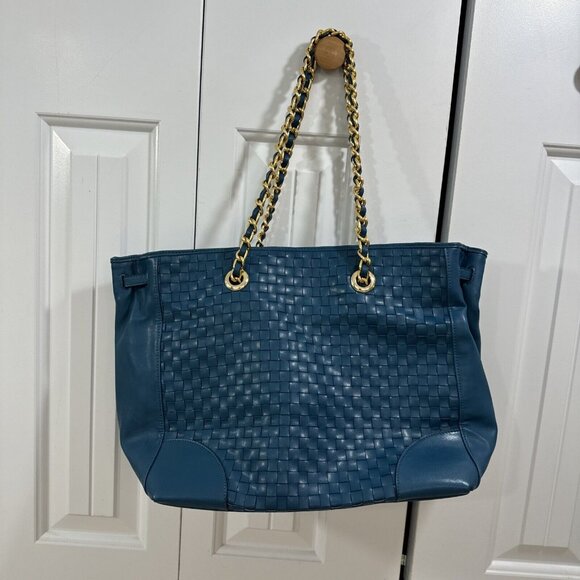 Joan Rivers Handbags - Joan Rivers Slouchy Teal Faux Leather Woven Tote Shoulder Bag Gold Chain Strap L